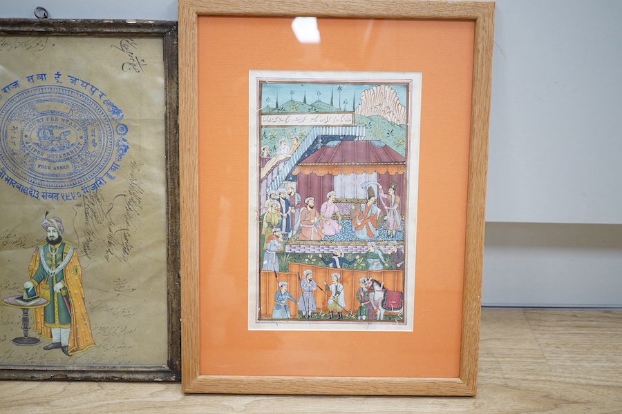 Three late 19th/early 20th century Indian gouaches, including Jaipur Government and figures beneath a pagoda, largest 33 x 22cm. Condition - fair